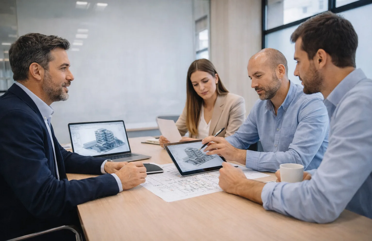 Profesionales reunidos en torno a una mesa de trabajo con una maqueta BIM en el portátil